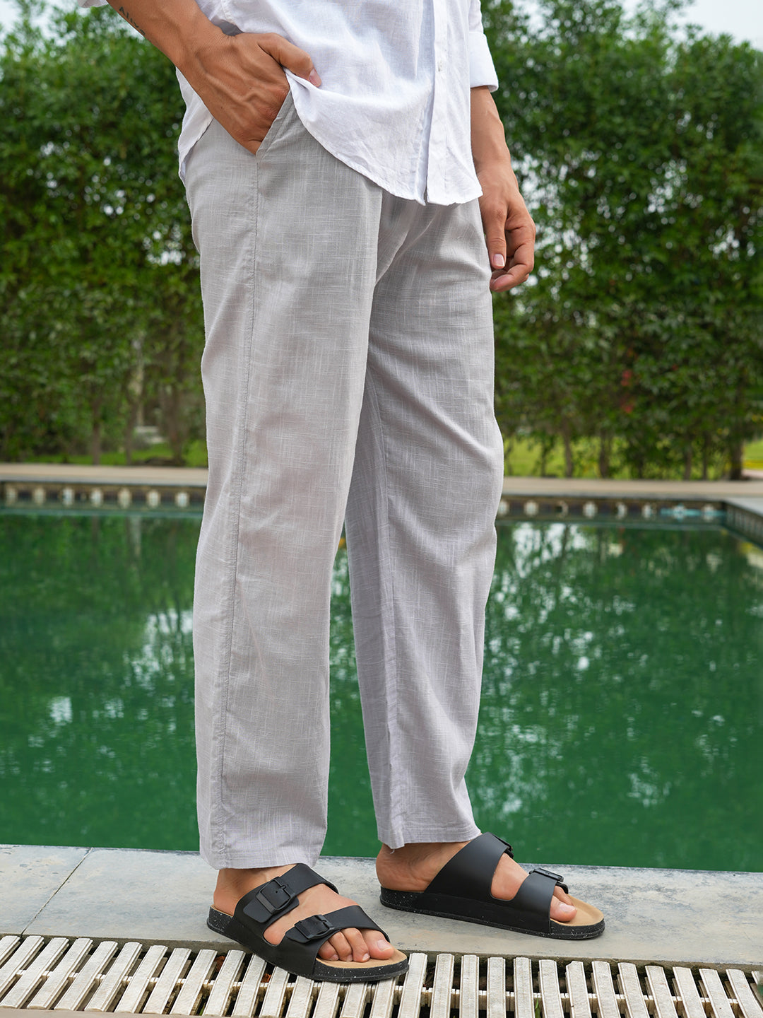 Grey Solid Pre-Washed Linen Trouser