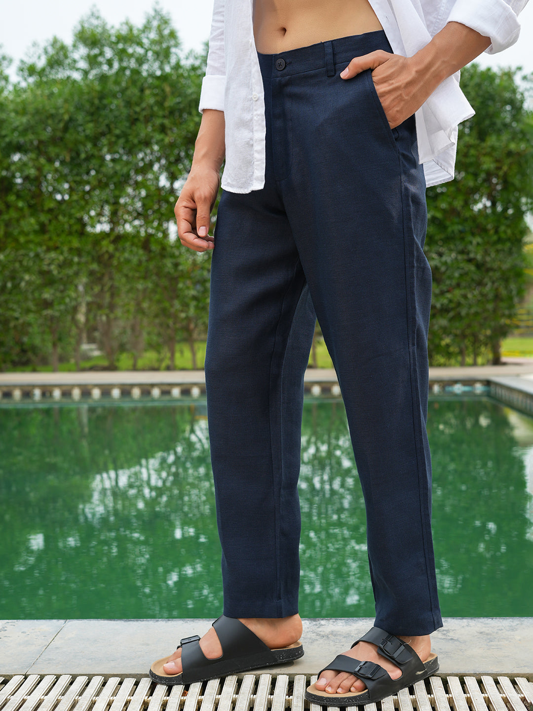 Navy Blue Solid Linen Trouser