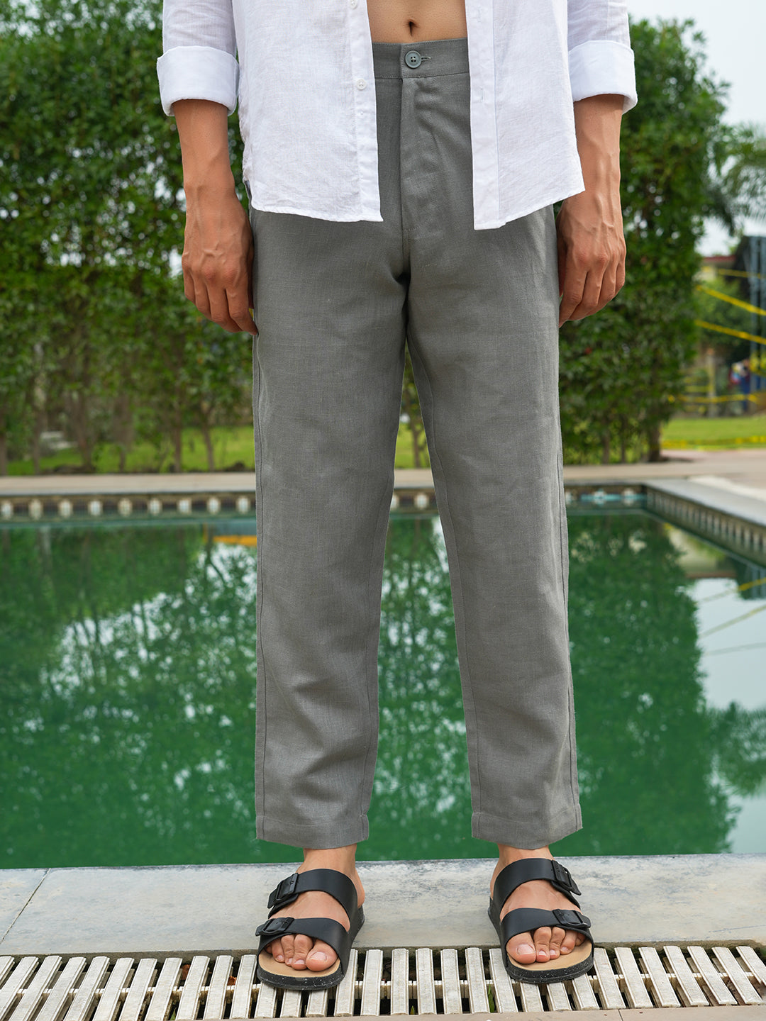 Olive Green Solid Linen Trouser