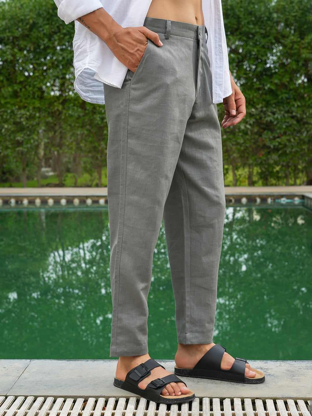 Olive Green Solid Linen Trouser