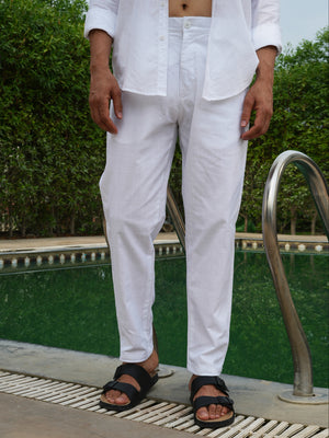 White Solid Pre-Washed Linen Pants