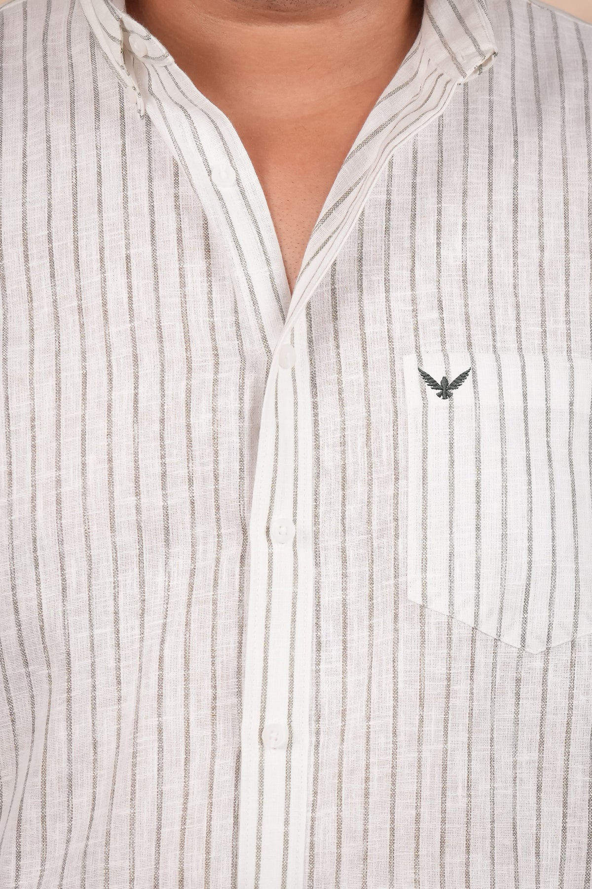 Green Striped Regular Plus Size Linen Shirt