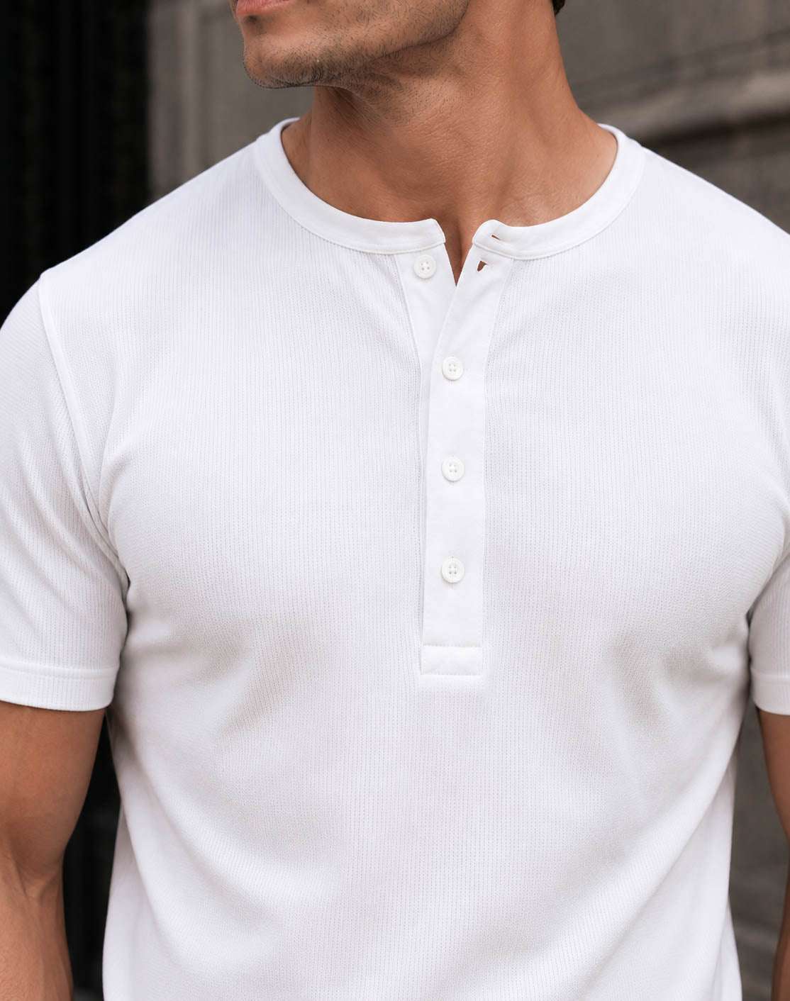 White Waffle Henley Half Sleeve T-Shirt
