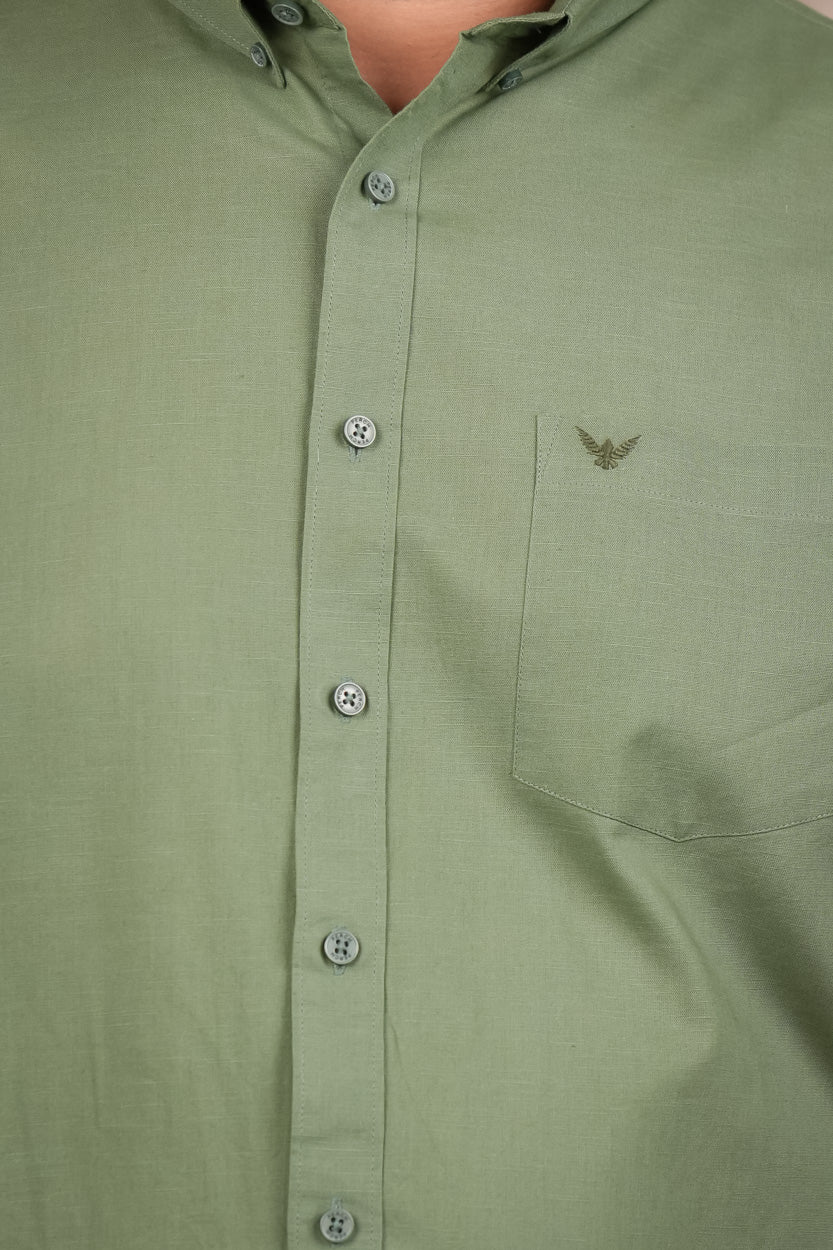Moss Green Pre-Washed Linen Cotton Regular Fit Plus Size Shirt