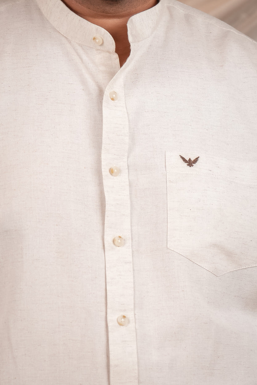 Beige Band Collar Linen Blend Regular Plus Size Shirt