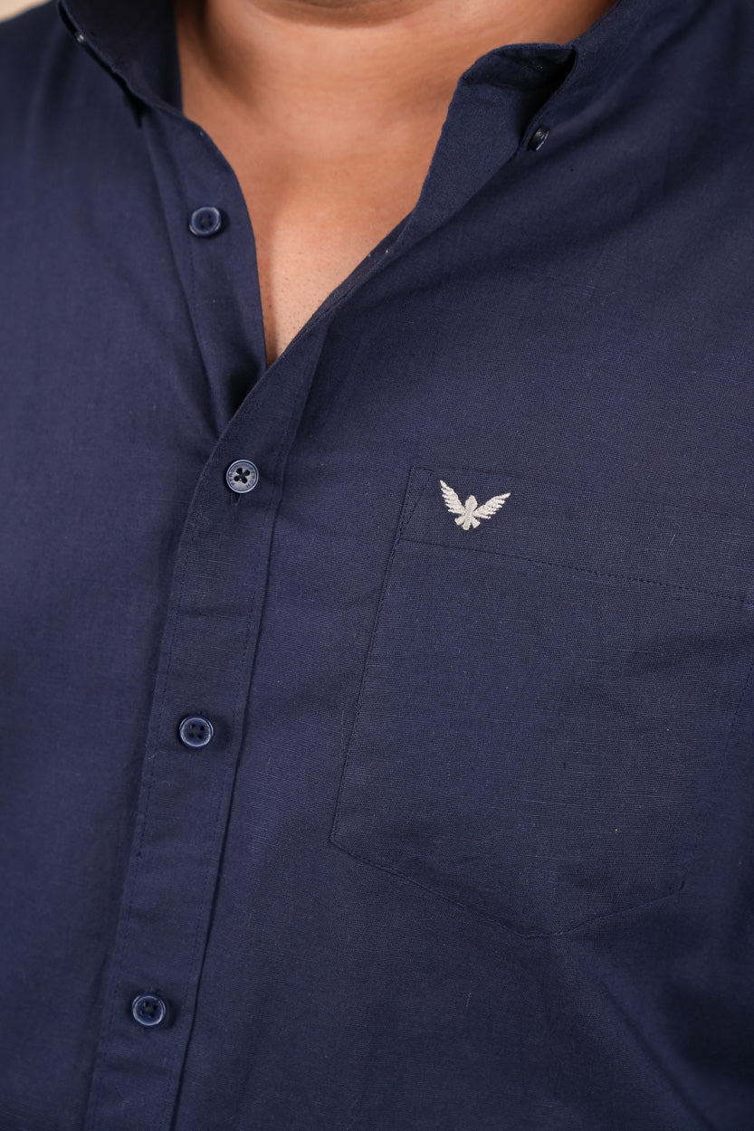 Navy Blue Pre-Washed Regular Plus Size Linen Blend Shirt