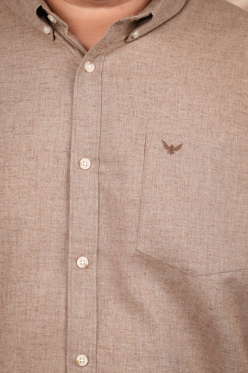 Brown Natural Textured Solid Pre-Washed Regular Plus Size Linen Cotton Shirt