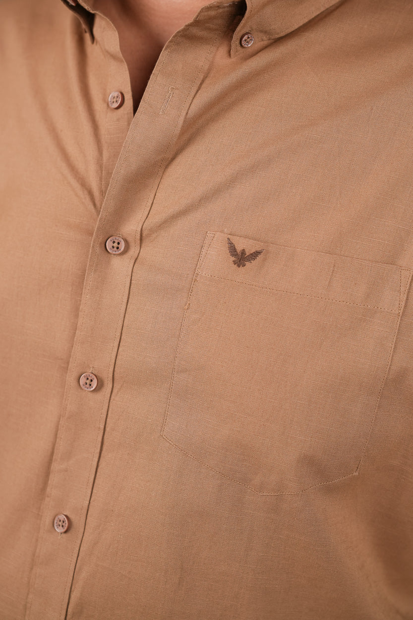 Brown Pre-Washed Linen Regular Plus Size Blend Shirt