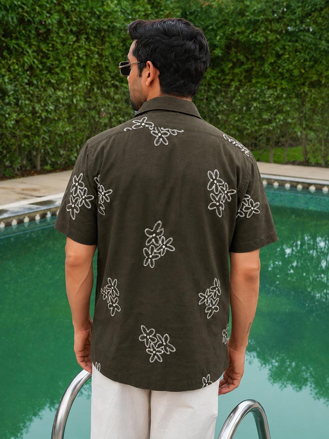 Olive Embroidery Pre-Washed Linen Cotton Shirt
