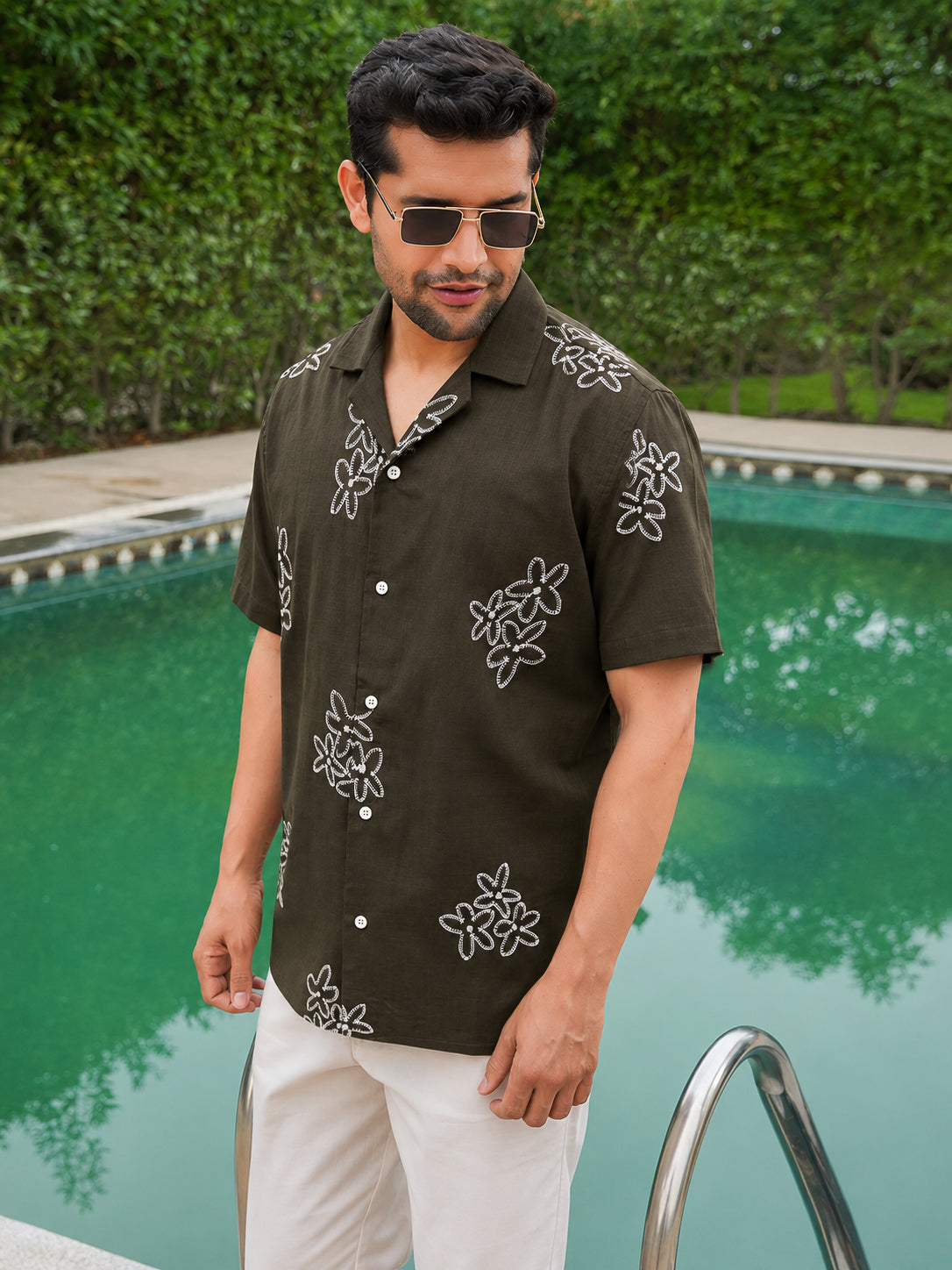 Olive Embroidery Pre-Washed Linen Cotton Shirt
