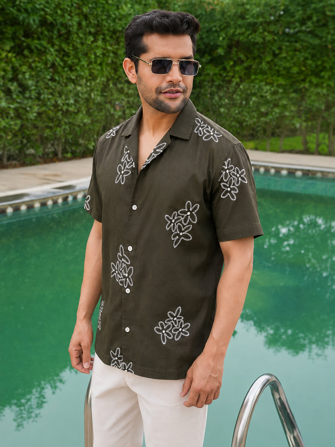 Olive Embroidery Pre-Washed Linen Cotton Shirt