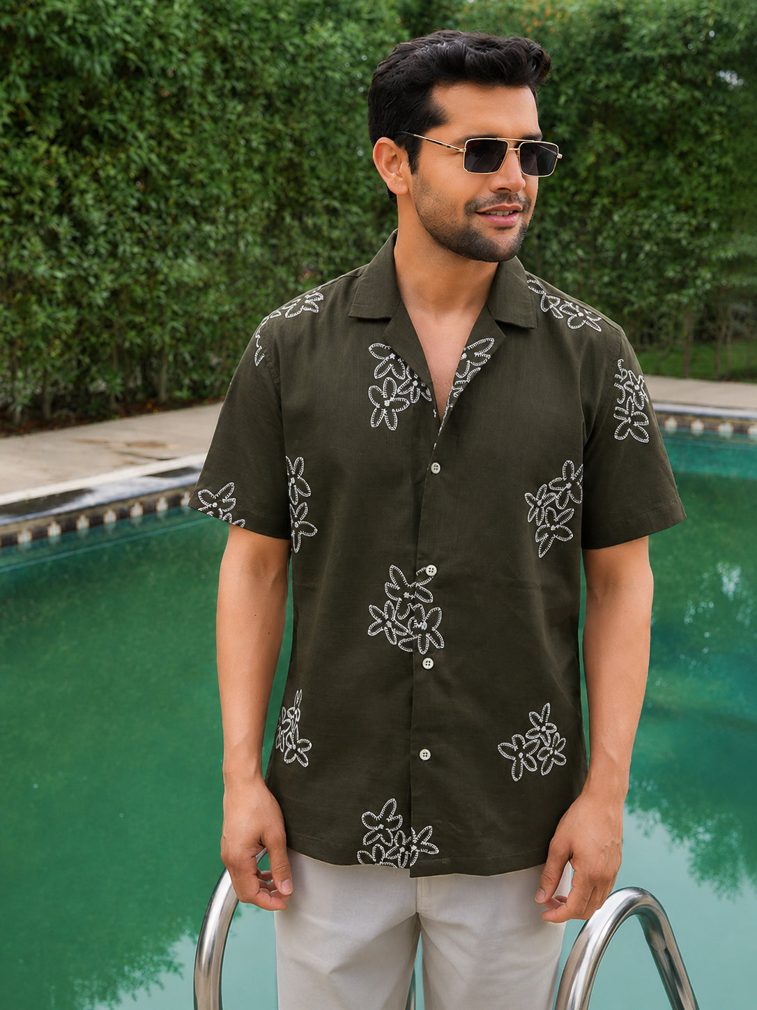 Olive Embroidery Pre-Washed Linen Cotton Shirt