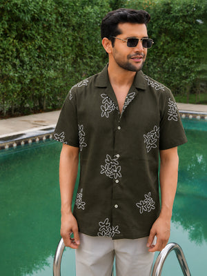 Olive Embroidery Pre-Washed Linen Cotton Shirt