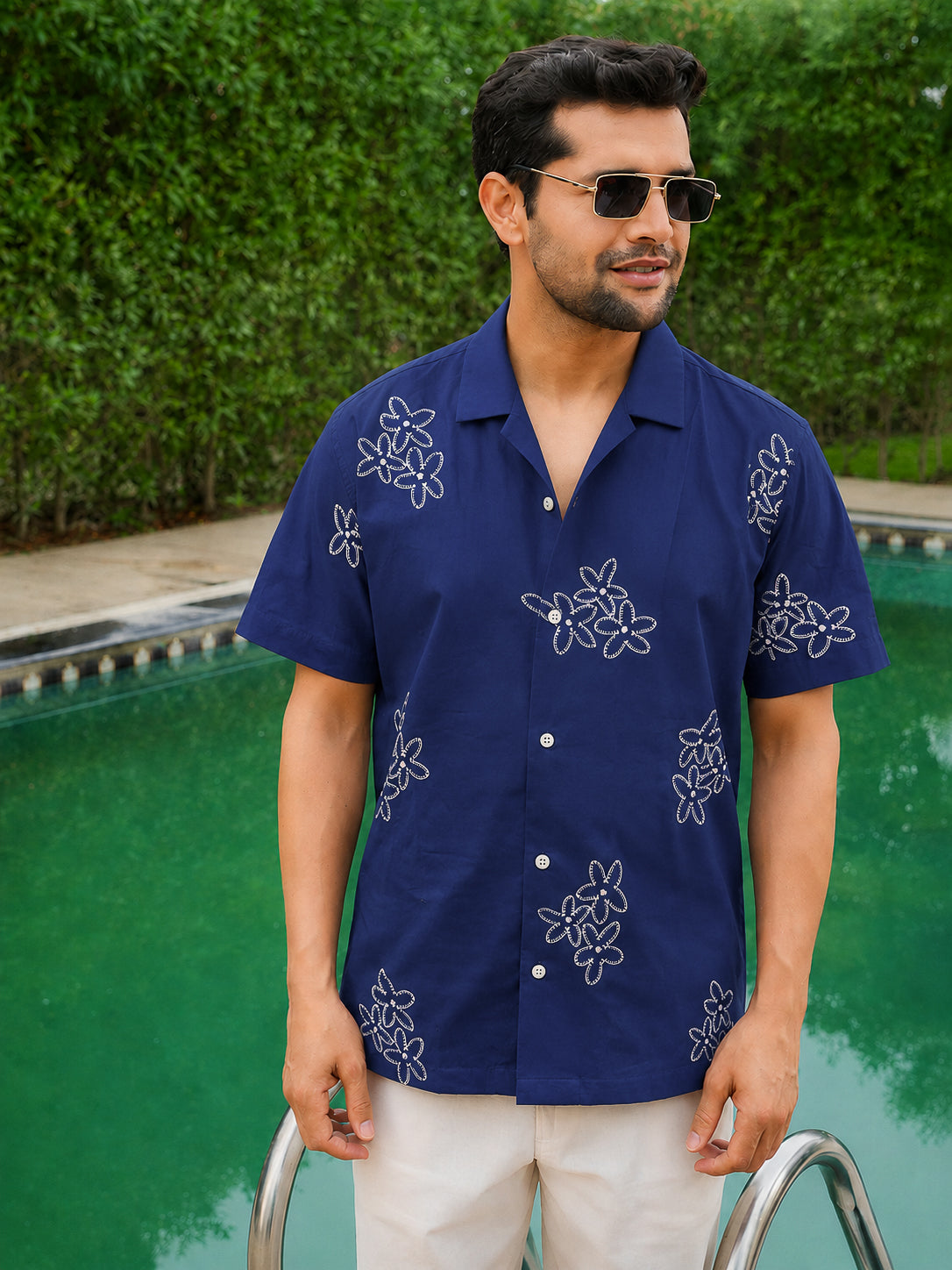 Blue Embroidery Pre-Washed Linen Cotton Shirt