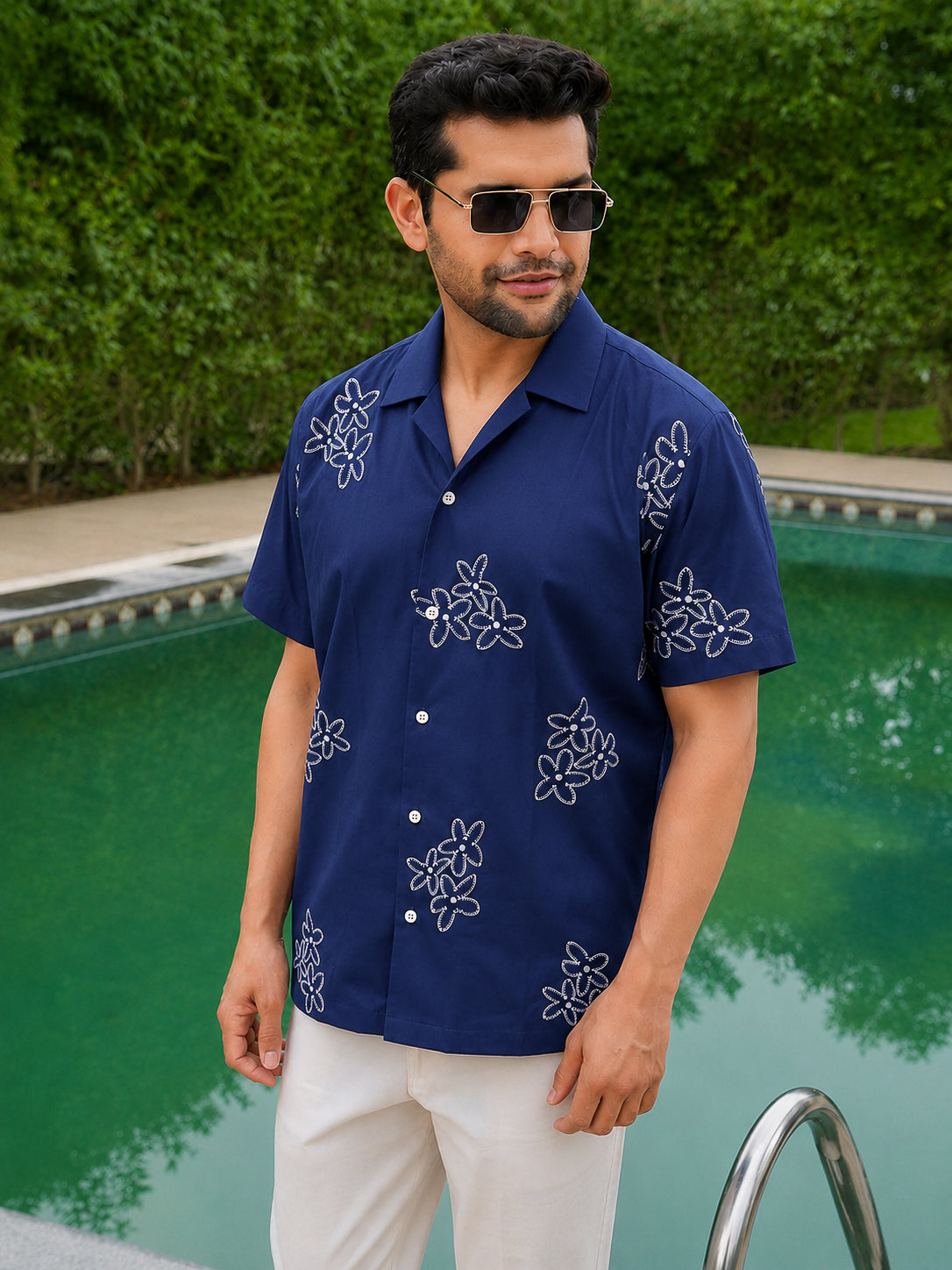 Blue Embroidery Pre-Washed Linen Cotton Shirt