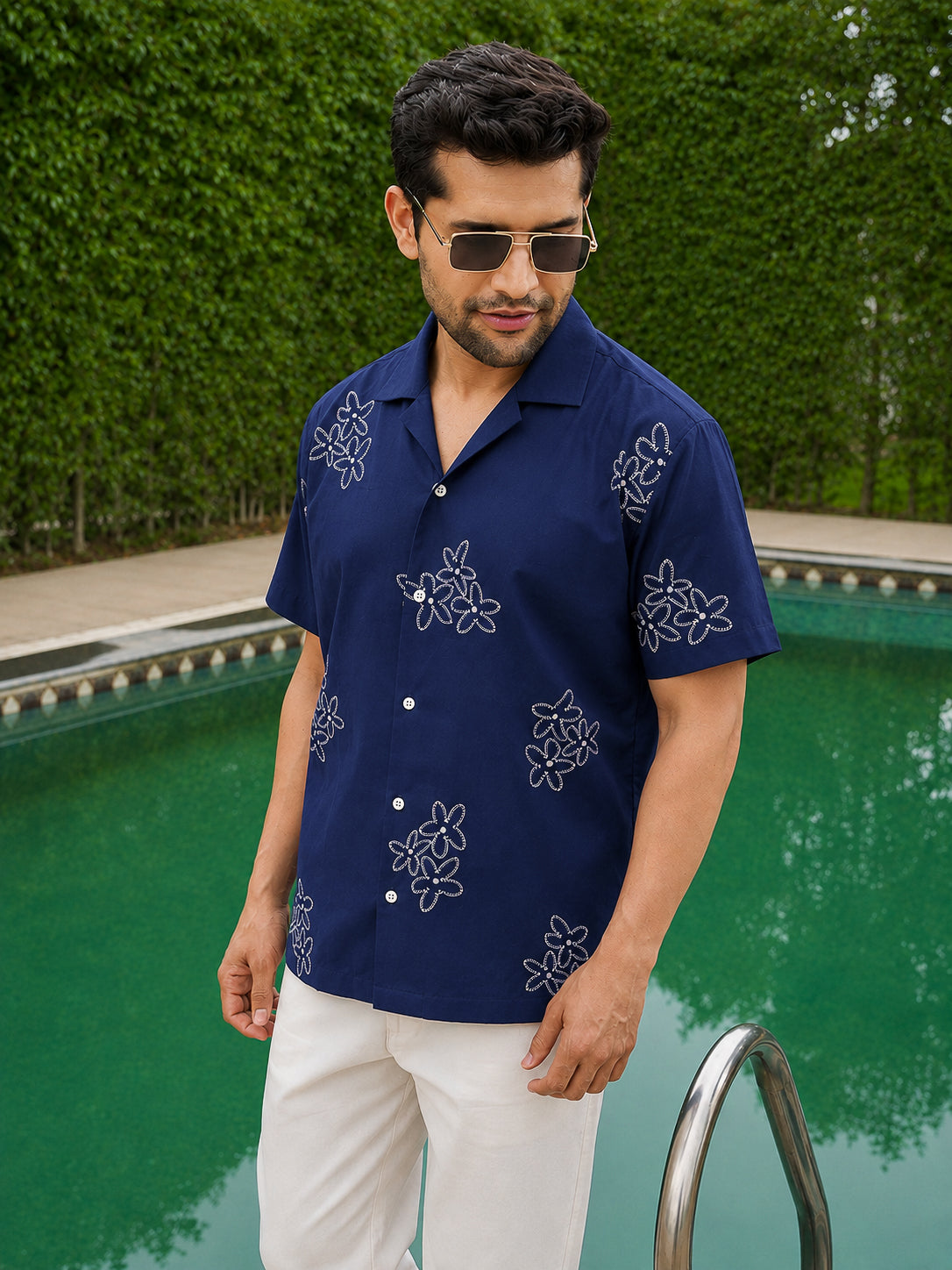Blue Embroidery Pre-Washed Linen Cotton Shirt