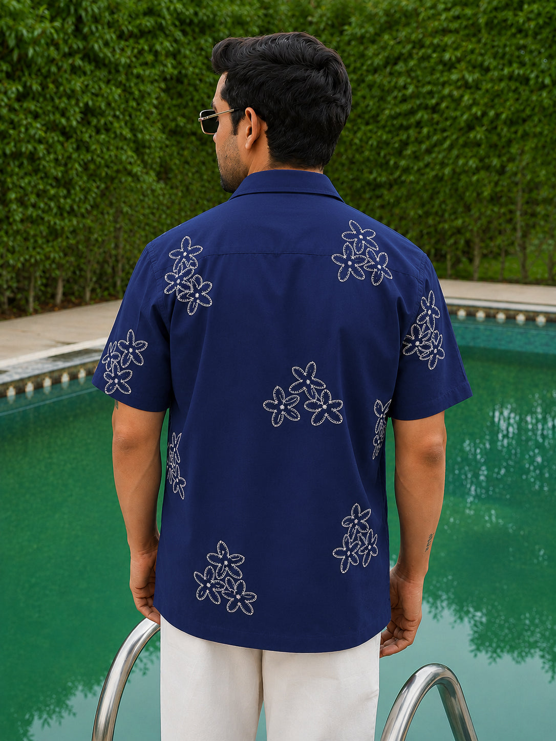 Blue Embroidery Pre-Washed Linen Cotton Shirt