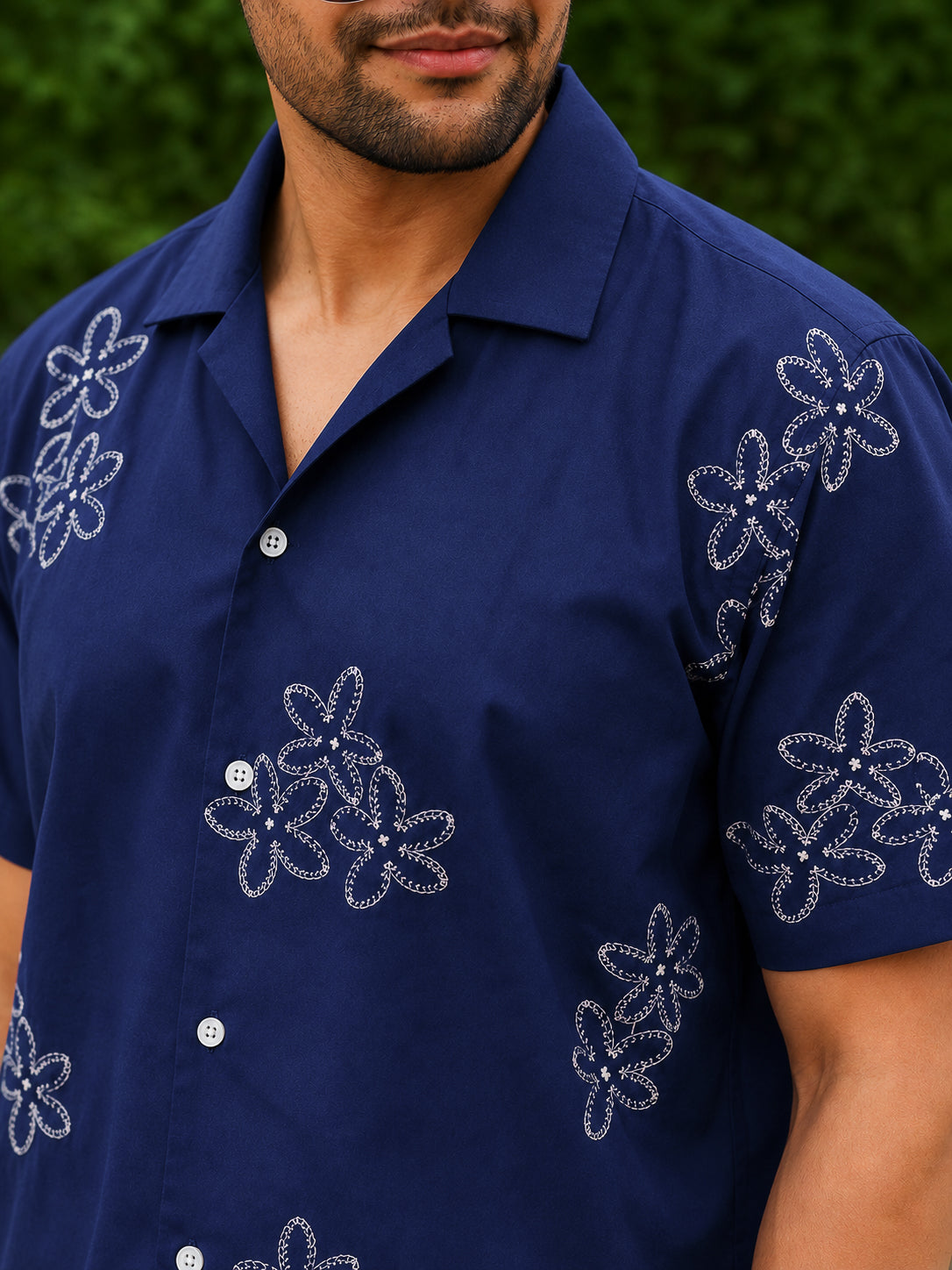 Blue Embroidery Pre-Washed Linen Cotton Shirt