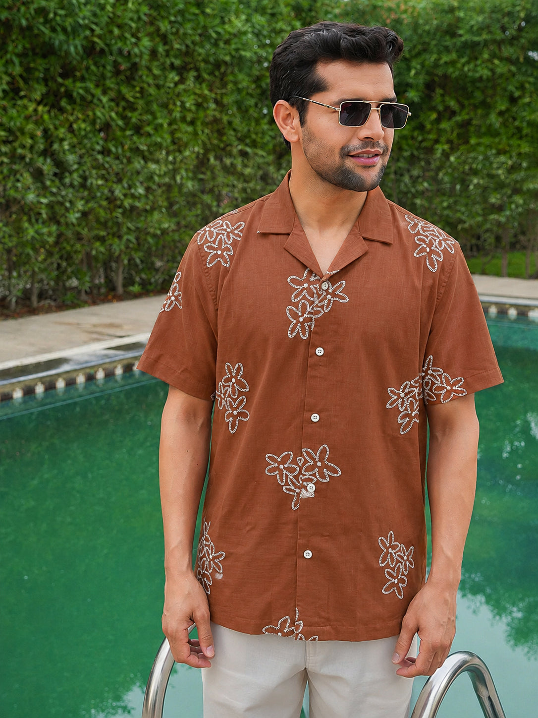 Rust Pre-Washed Embroidery Linen Cotton Shirt