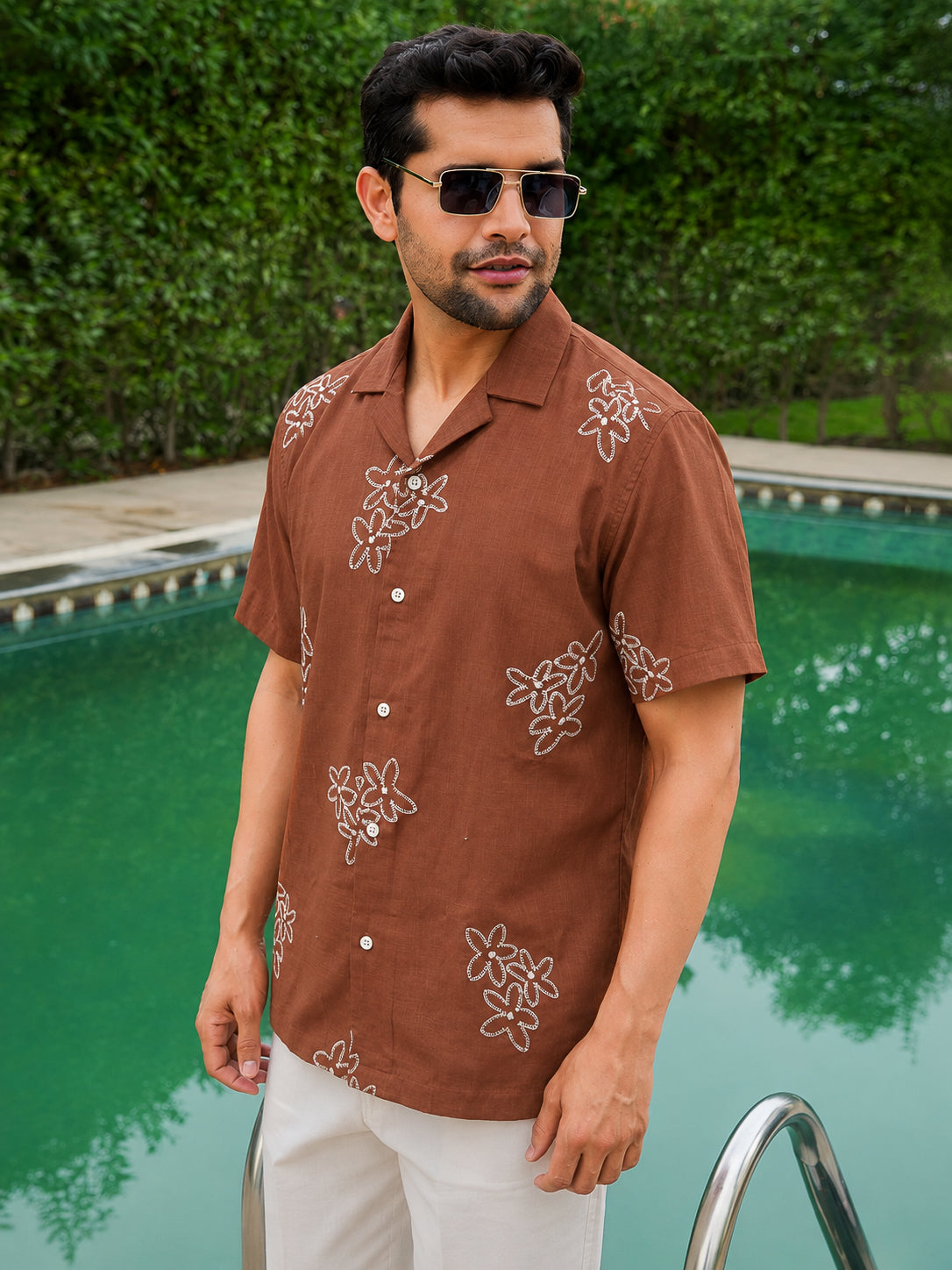 Rust Pre-Washed Embroidery Linen Cotton Shirt