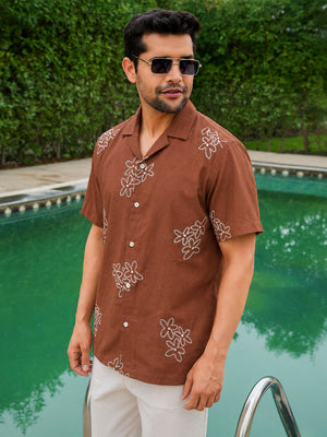 Rust Pre-Washed Embroidery Linen Cotton Shirt