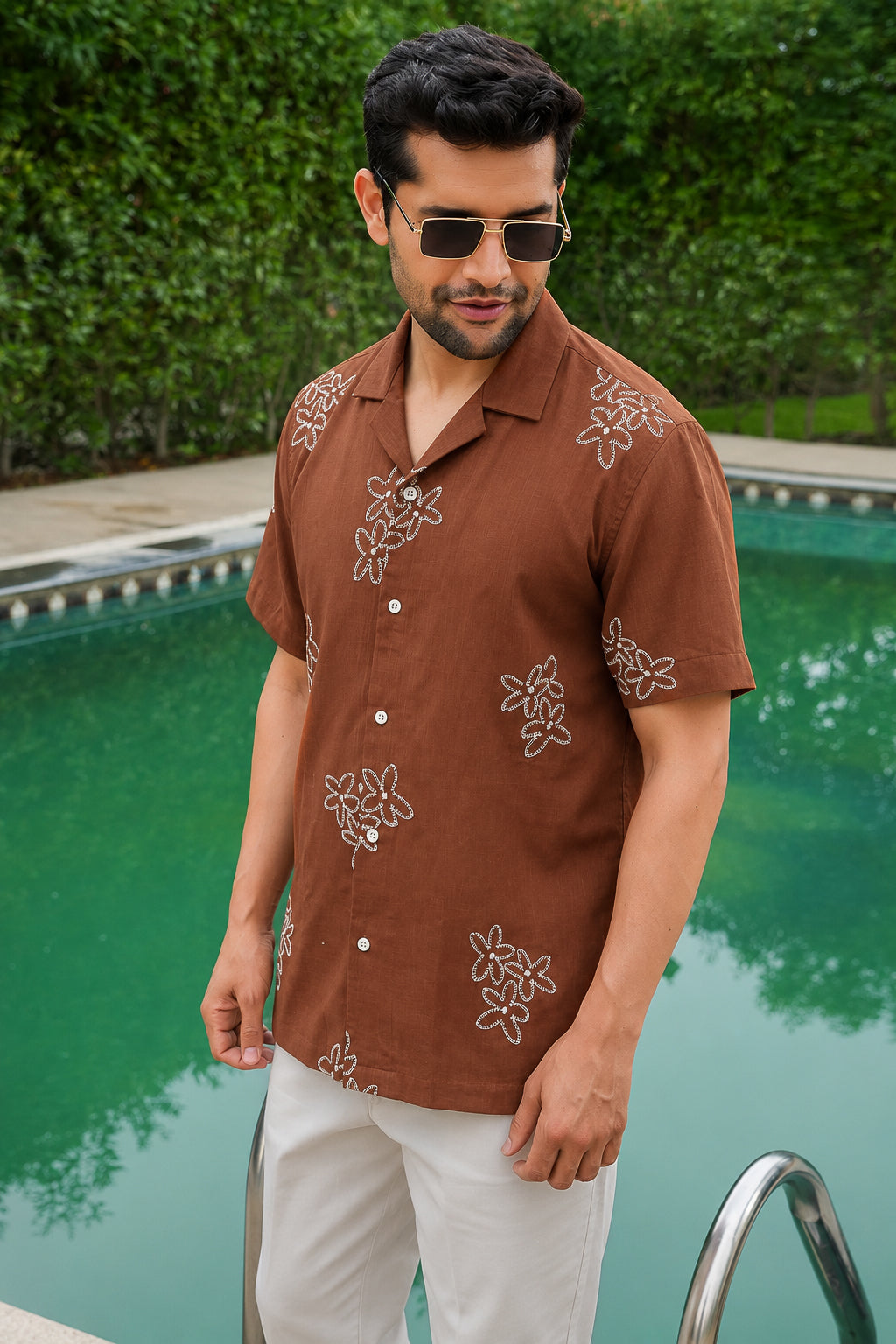 Rust Pre-Washed Embroidery Linen Cotton Shirt
