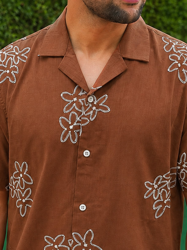 Rust Pre-Washed Embroidery Linen Cotton Shirt