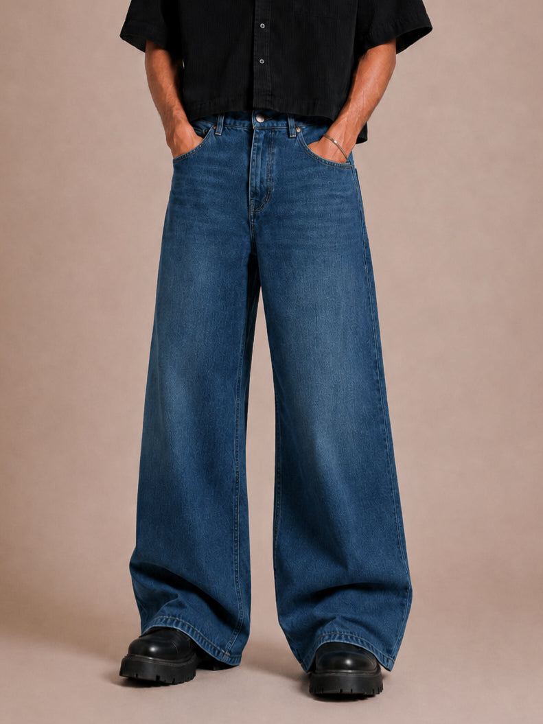 Teal Blue Washed Wide Flared Jeans
