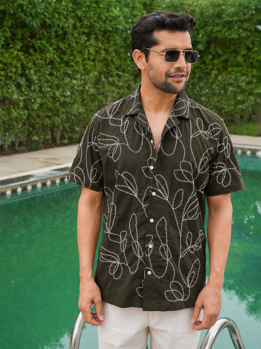 Olive Pre-Washed Embroidery Linen Cotton Shirt