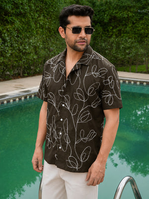 Olive Pre-Washed Embroidery Linen Cotton Shirt