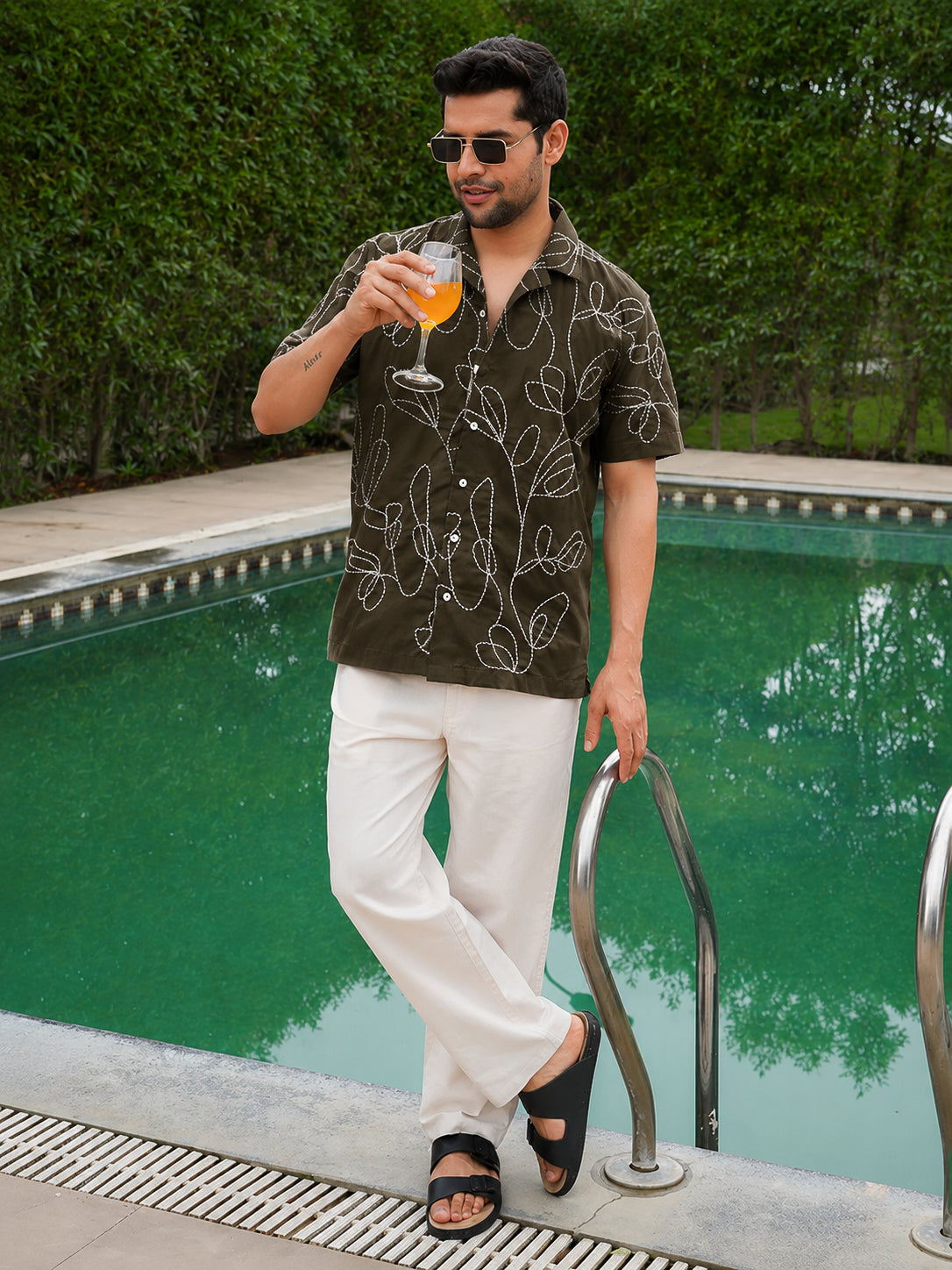 Olive Pre-Washed Embroidery Linen Cotton Shirt