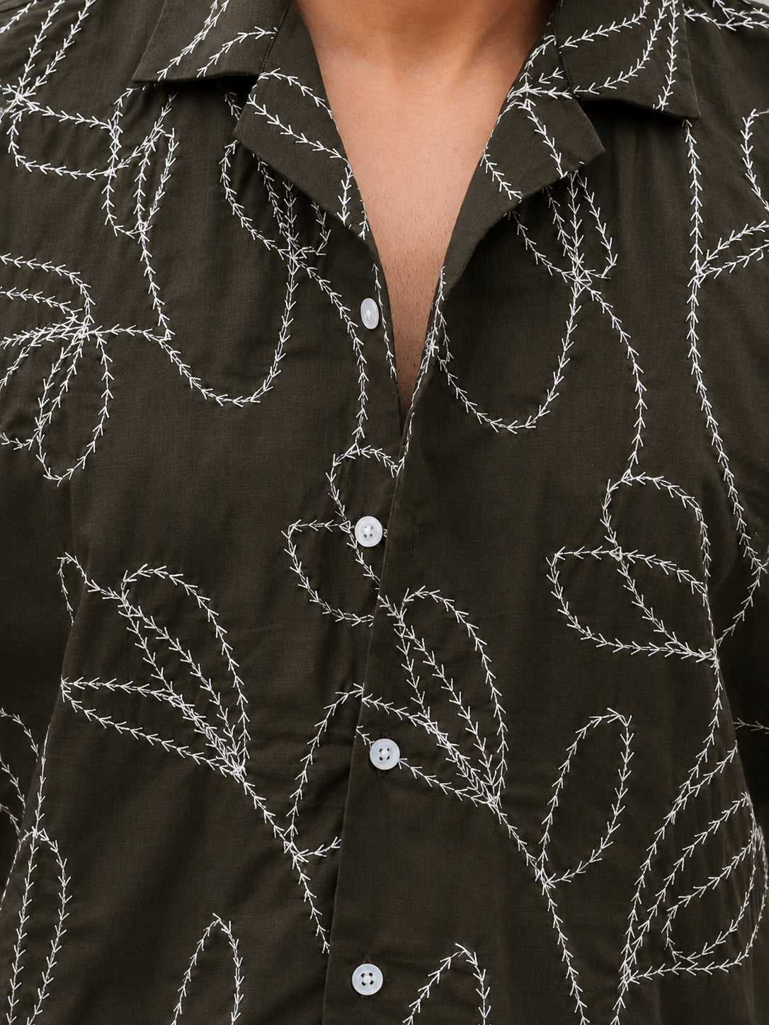 Olive Pre-Washed Embroidery Linen Cotton Shirt