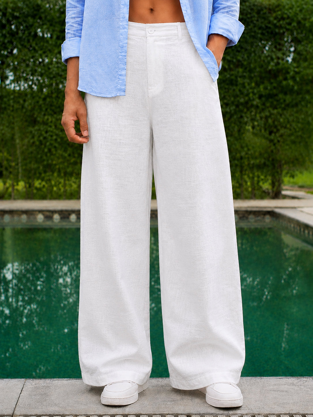 White Linen Cotton Wide Bottom Loose Fit Pants
