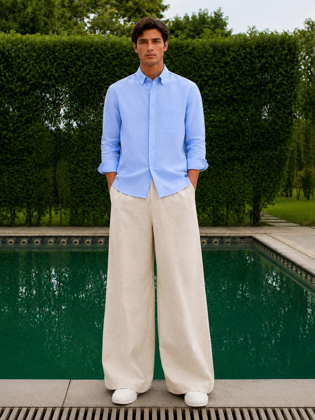 Natural Grain Beige Linen Cotton Wide Bottom Loose Fit Pants