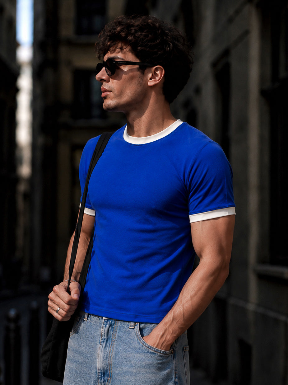 Royal Blue Cotton Half Sleeve Regular Fit Ringer Tshirt