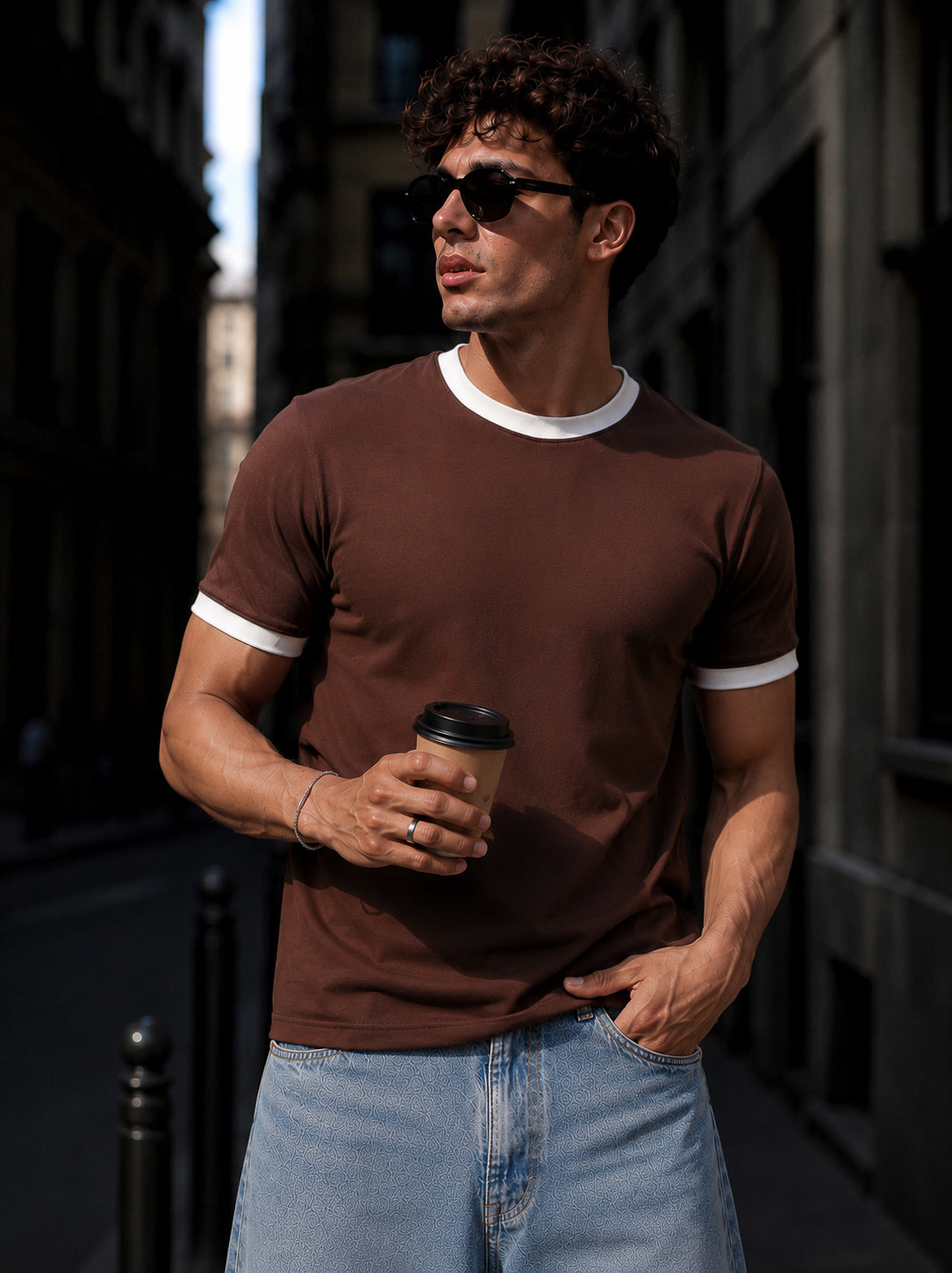 Brown Cotton Half Sleeve Regular Fit Ringer Tshirt