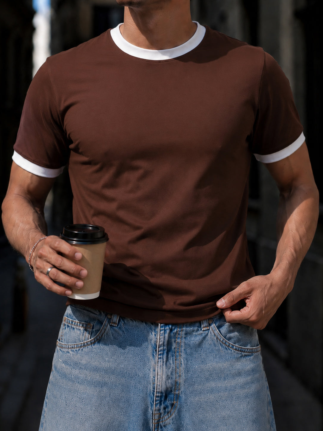 Brown Cotton Half Sleeve Regular Fit Ringer Tshirt