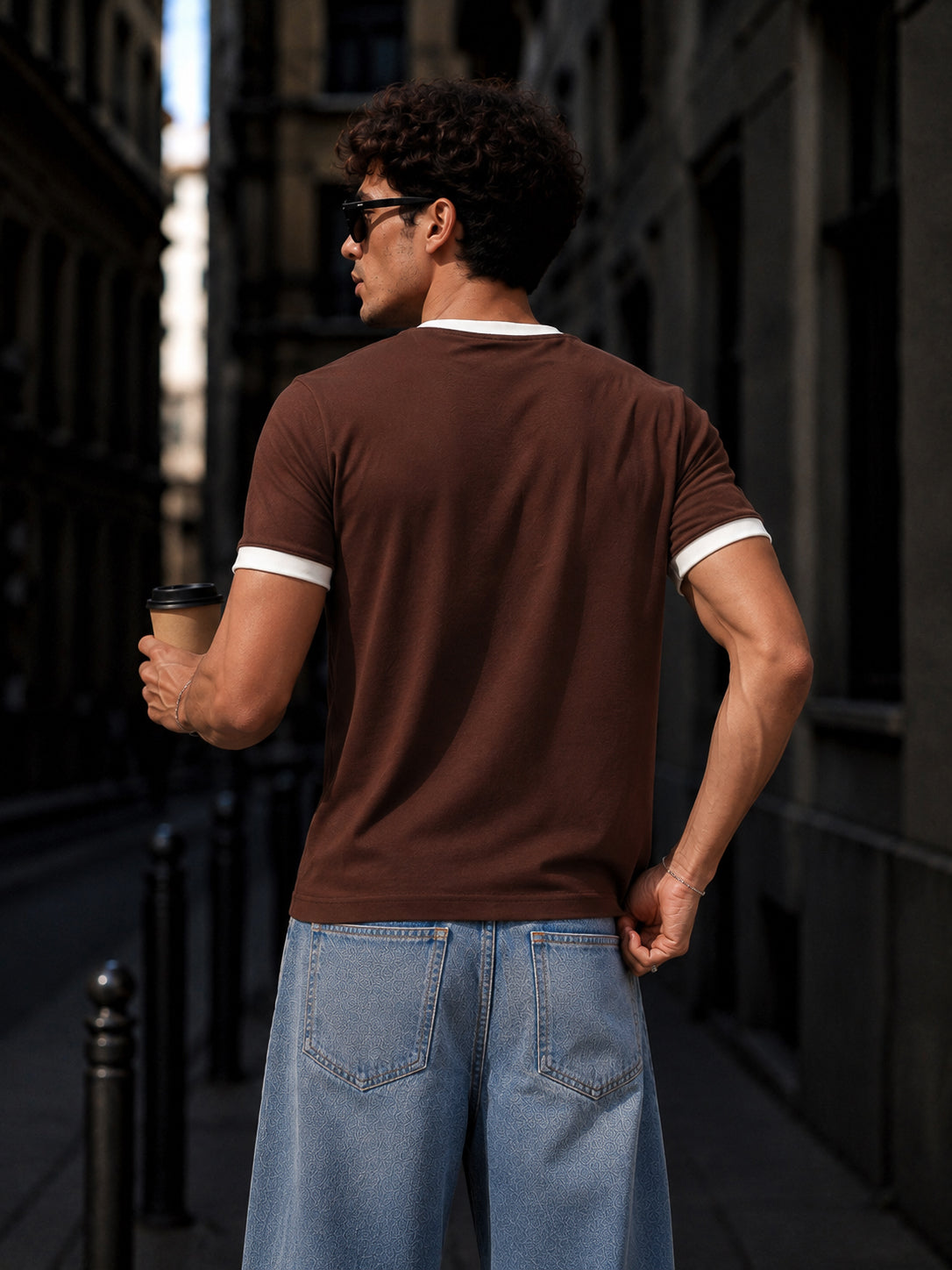 Brown Cotton Half Sleeve Regular Fit Ringer Tshirt