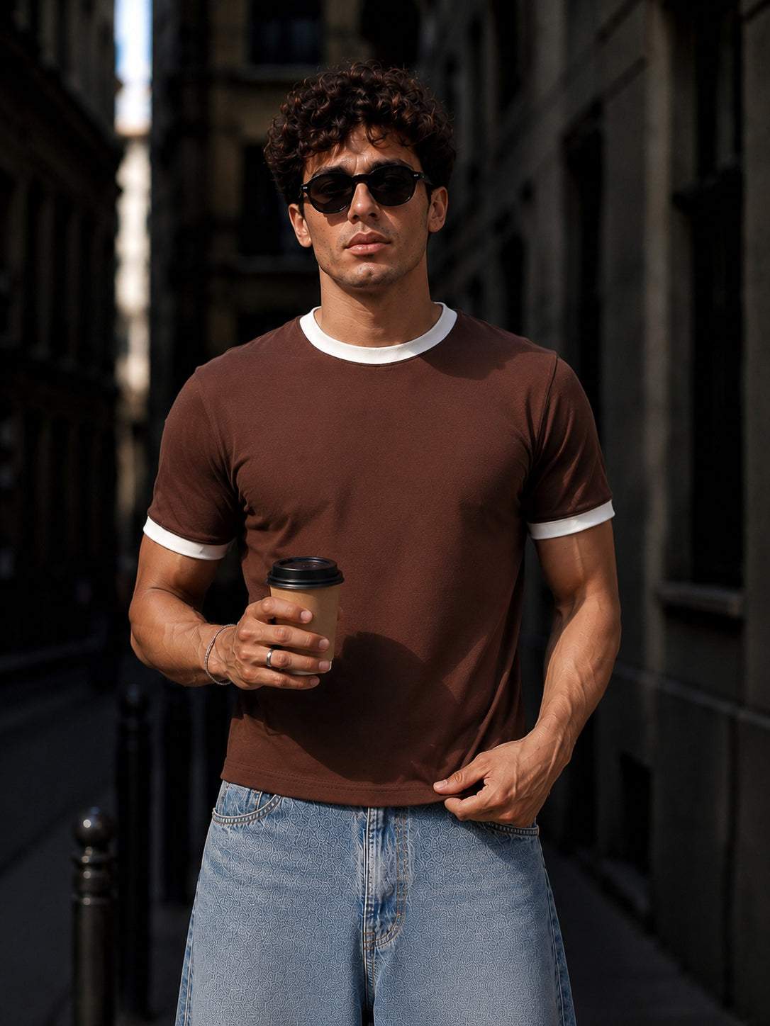 Brown Cotton Half Sleeve Regular Fit Ringer Tshirt