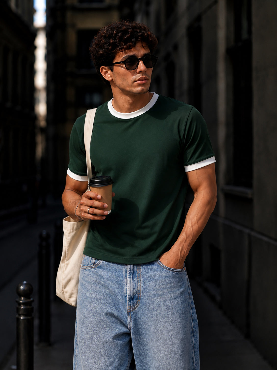 English Green Cotton Half Sleeve Regular Fit Ringer Tshirt