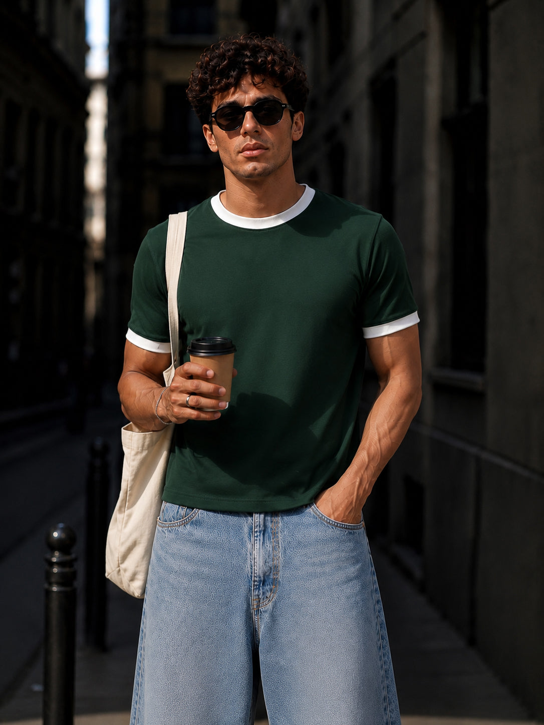 English Green Cotton Half Sleeve Regular Fit Ringer Tshirt