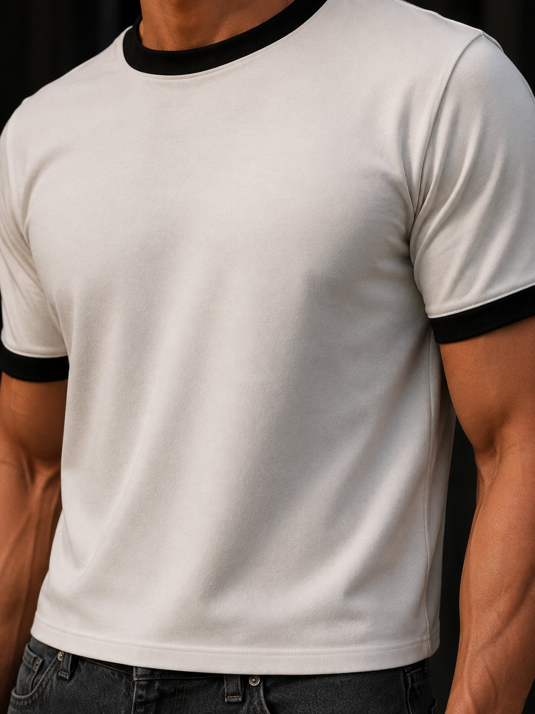 White And Black Cotton Half Sleeve Regular Fit Ringer Tshirt