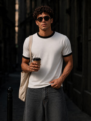 White And Black Cotton Half Sleeve Regular Fit Ringer Tshirt