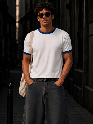 White And Royal Blue Cotton Half Sleeve Regular Fit Ringer Tshirt