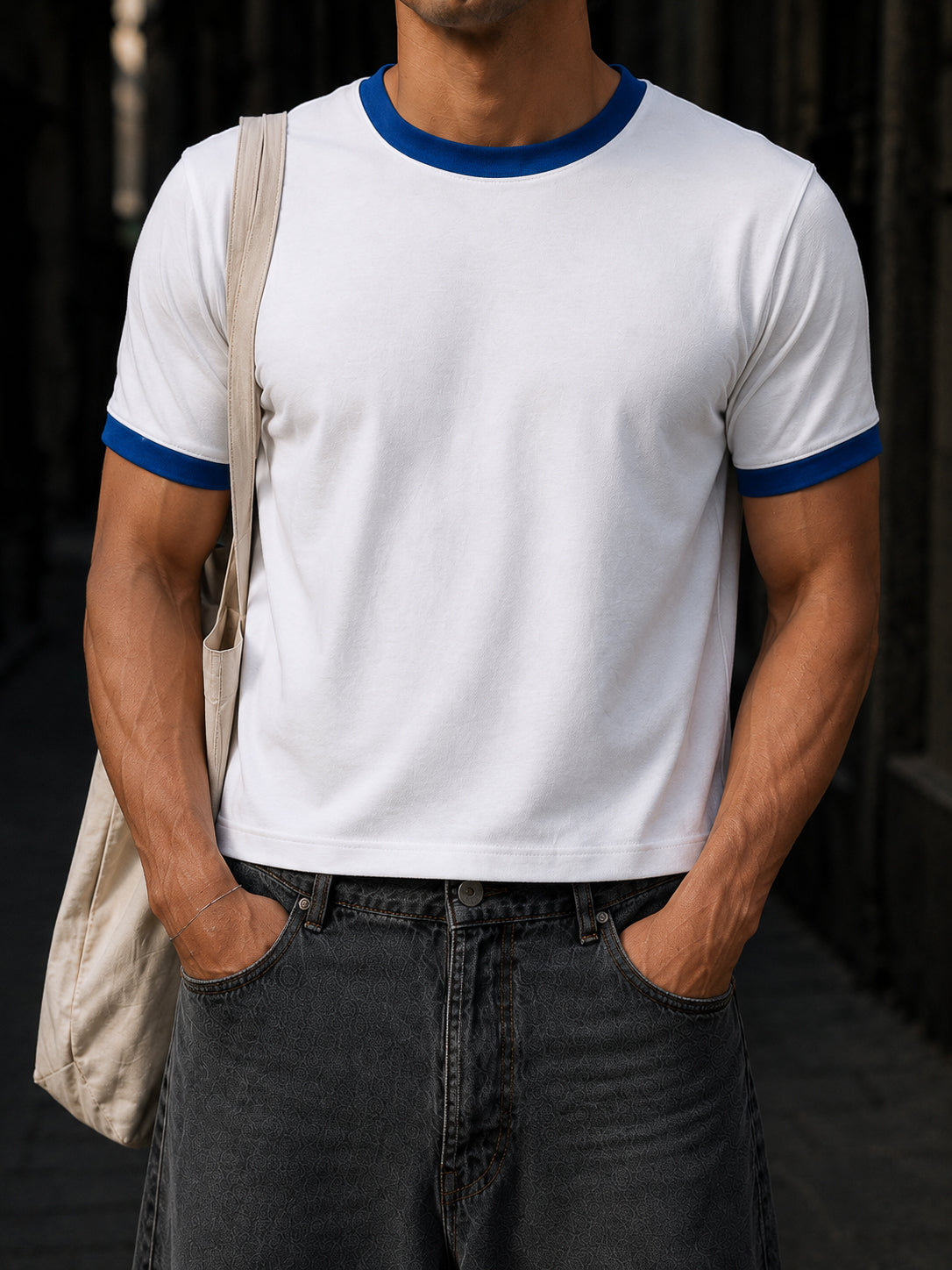 White And Royal Blue Cotton Half Sleeve Regular Fit Ringer Tshirt