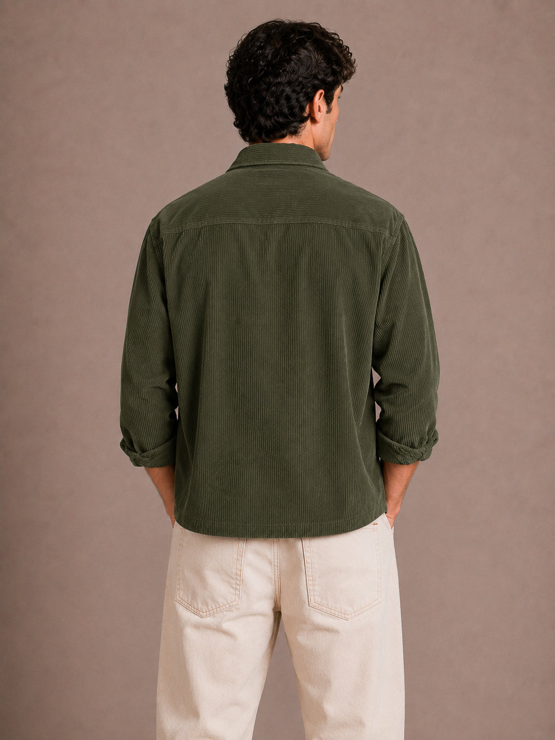 Green Utility Relaxed Fit Corduroy Shirt for Men