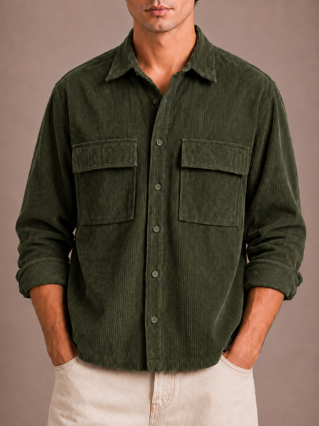 Green Utility Relaxed Fit Corduroy Shirt for Men