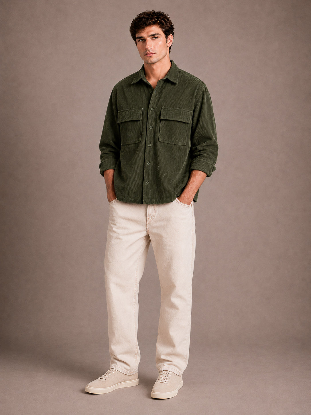 Green Utility Relaxed Fit Corduroy Shirt for Men