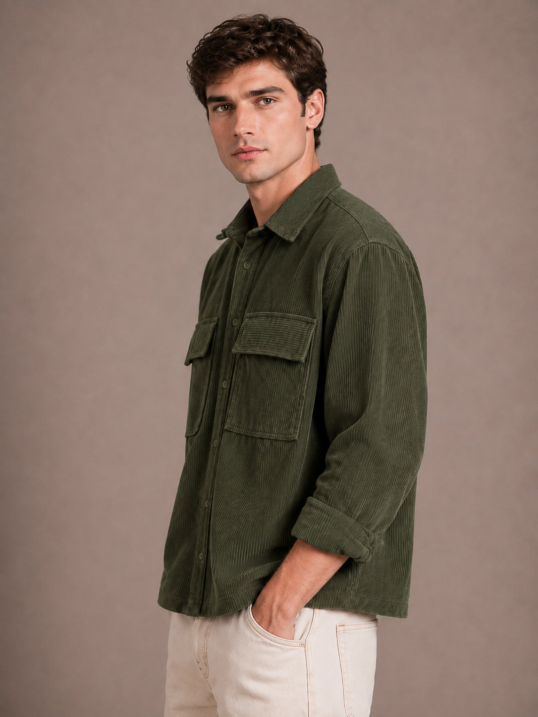 Green Utility Relaxed Fit Corduroy Shirt for Men