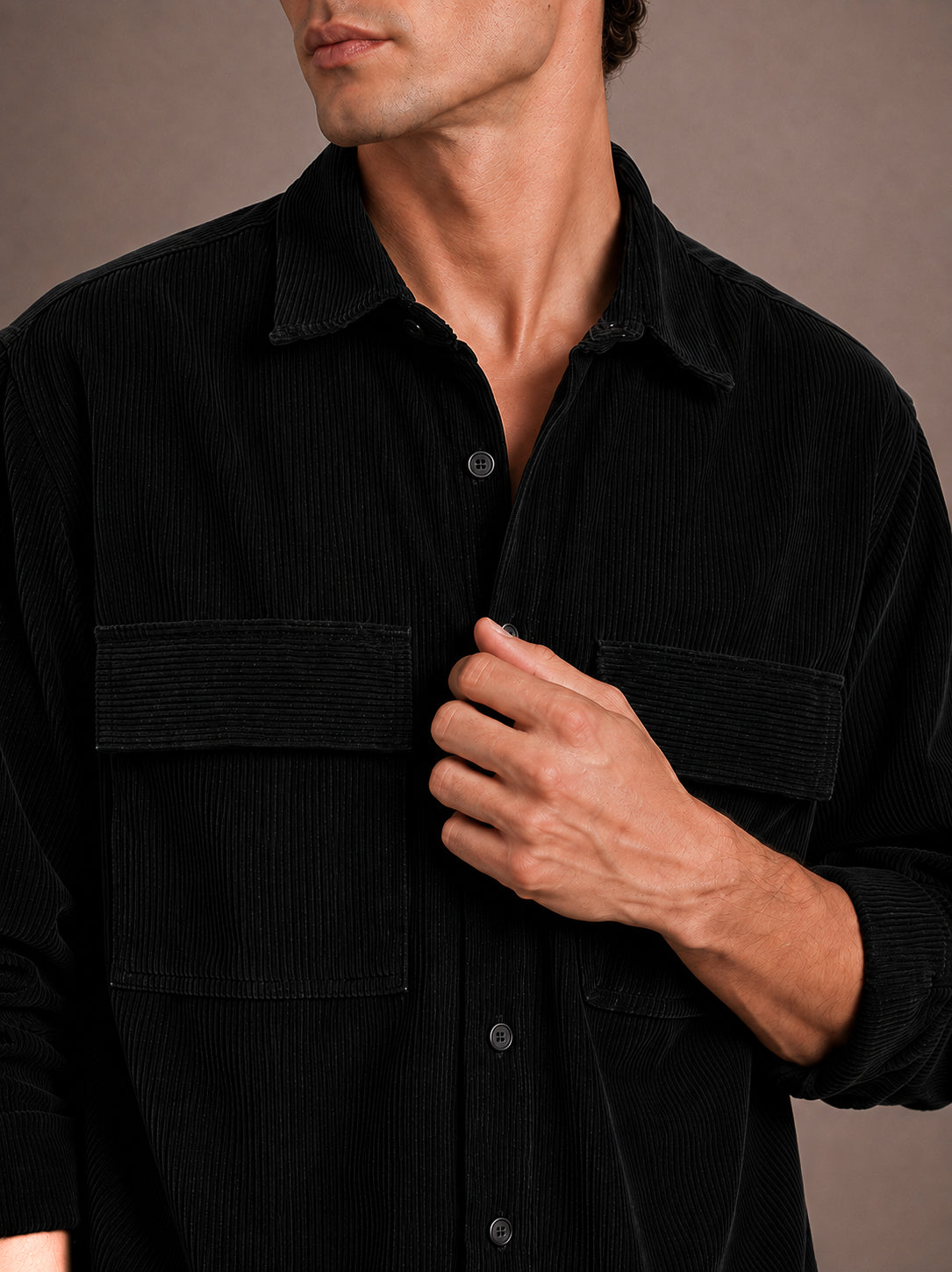 Black Utility Relaxed Fit Corduroy Shirt for Men